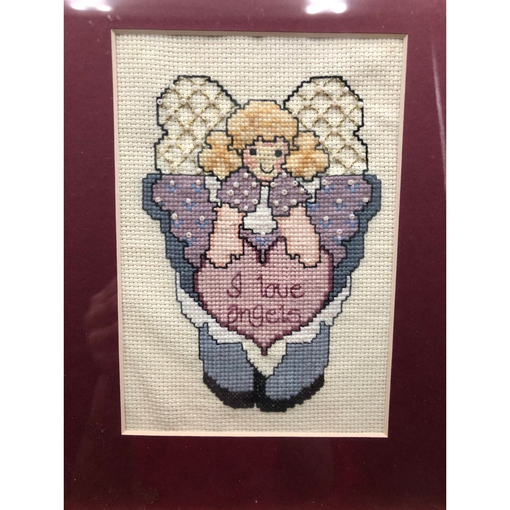 Vtg Framed Angel Cross Stitch Art "I Love Angels" Beaded Needlepoint Cottagecore